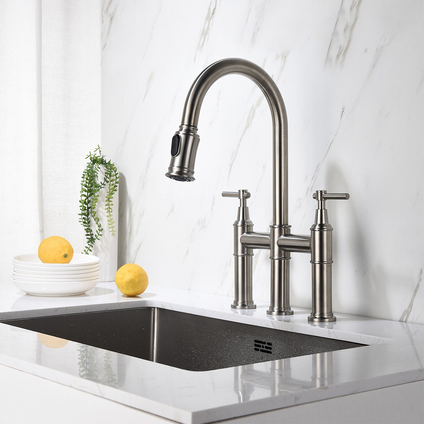Rubinetto da cucina a ponte certificato Aquacubic cUPC con spruzzatore estraibile Rubinetto per lavello da cucina a 3 fori resistente alle impronte digitali