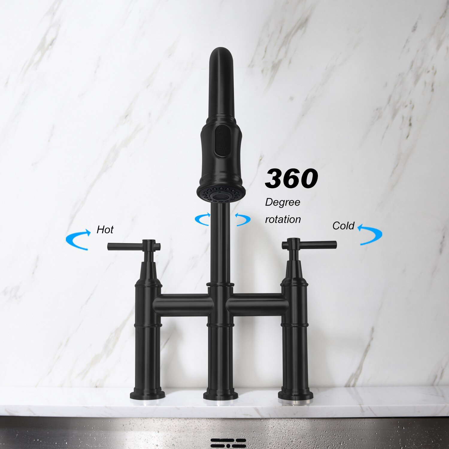 Rubinetto da cucina a ponte Aquacubic con testina di spruzzatura estraibile resistente alle impronte senza macchie (nero opaco)
