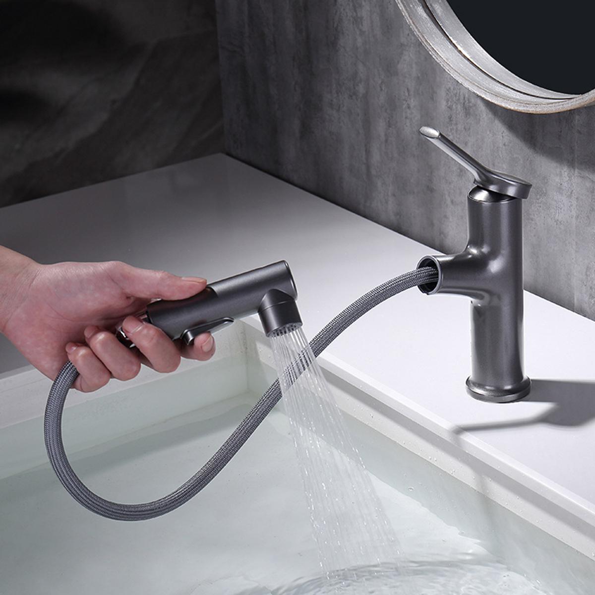 Rubinetto per lavabo estraibile con doccetta estraibile con fori singoli grigio Gunmental certificato Aquacubic