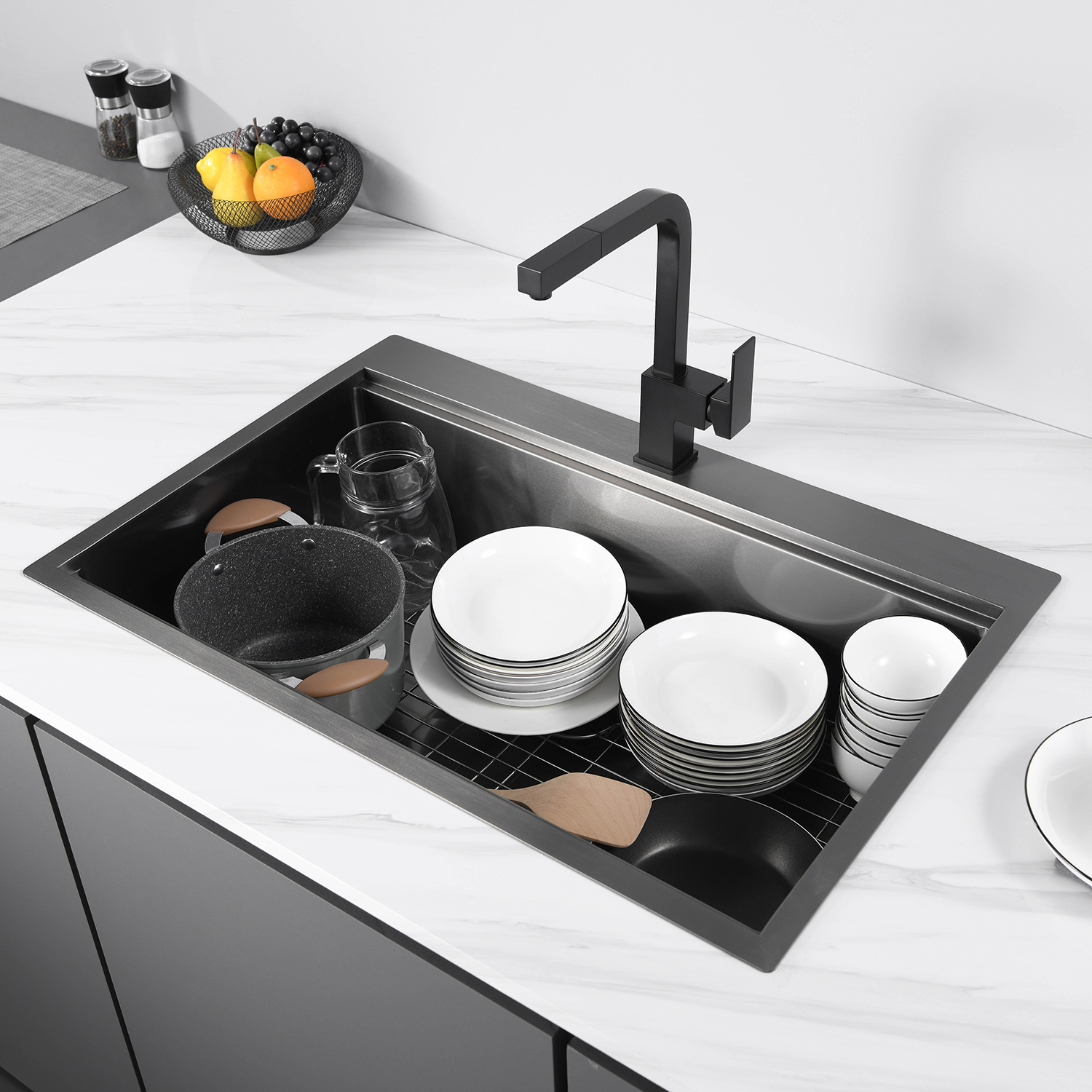 Lavello da cucina da incasso a doppia vasca in acciaio inox nero con accessori